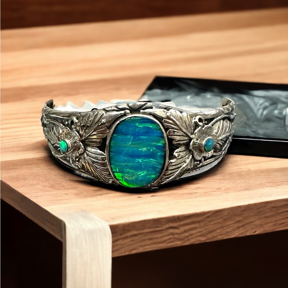 Solid Sterling Silver with Fire Opals Cuff Bracelet - Picture 5 of 13